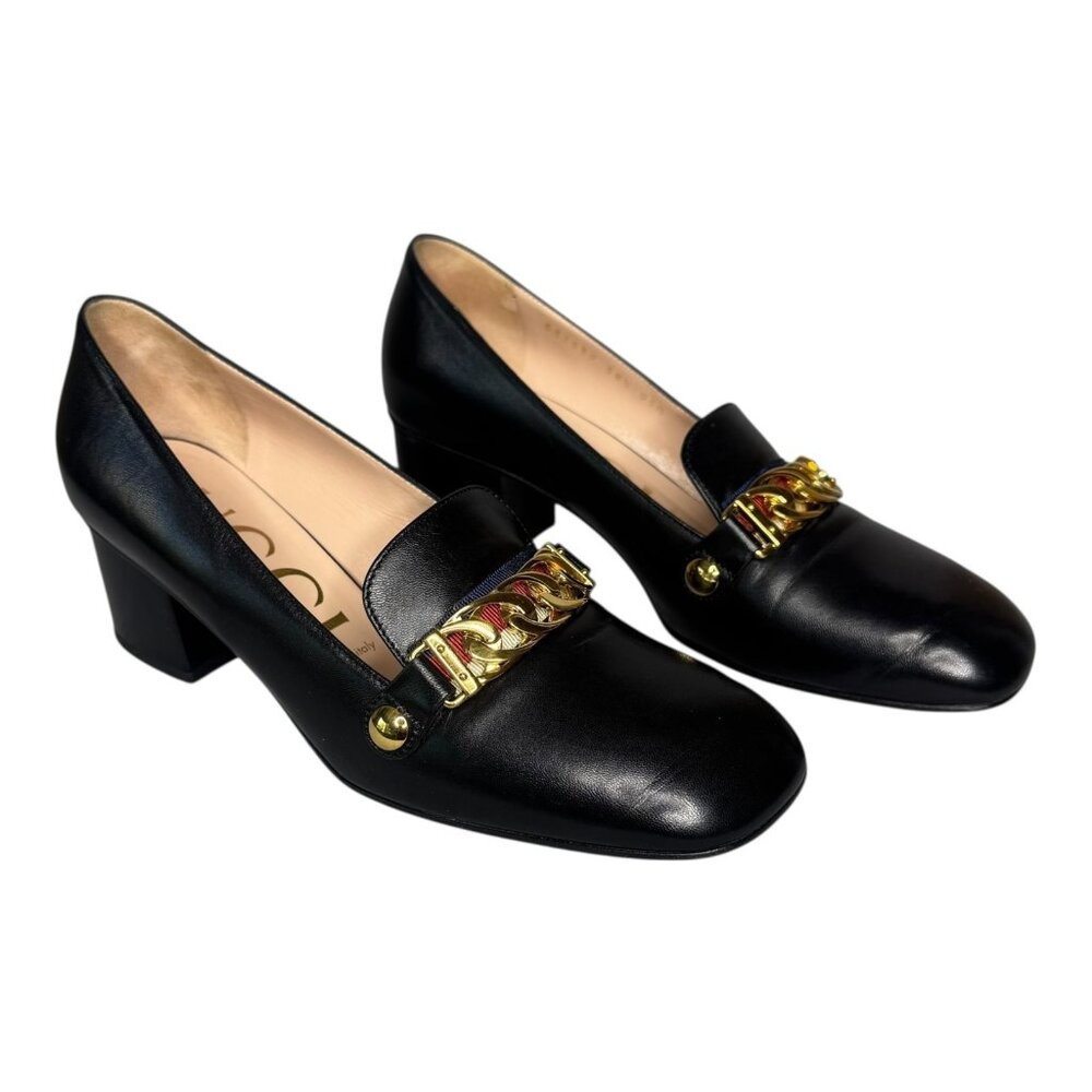 Gucci Sylvie Black Leather Chain Web Stripe Block Heel Pumps Shoes 38.5 US 8.5